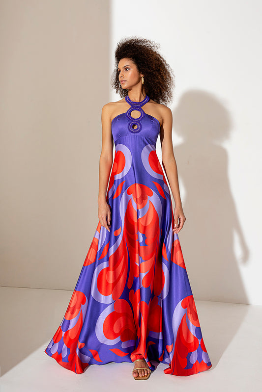 Allure Evening - Halter Detailed Neck Maxi Printed Dress