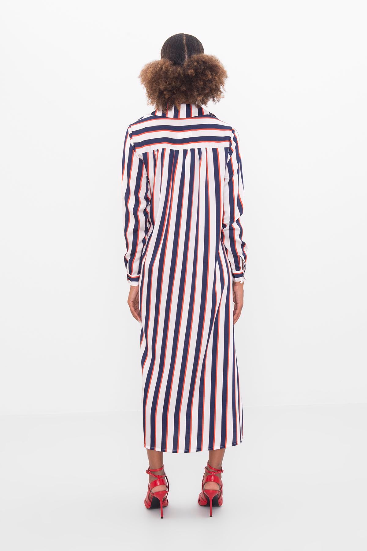 arena Diplomacia Preguntarse Zahra - Navy Blue-White Striped Long Sleeve Midi Shirt Dress – Sophiel