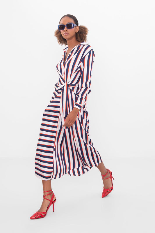 Zahra - Navy Blue-White Striped Long Sleeve Midi Shirt Dress