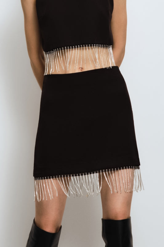 Short Skirt with Diamond Tassels - Black